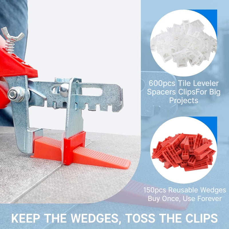 TEANTECH Tile Leveling System Kit, 600pcs Tile Leveler Spacers Clips+150pcs Reusable Wedges+1pc Tile Pliers for Wall/Floor Tile Adjustment, Leveling Tile System for Ceramic Tile (Red, 1/8-3mm) - Image 5